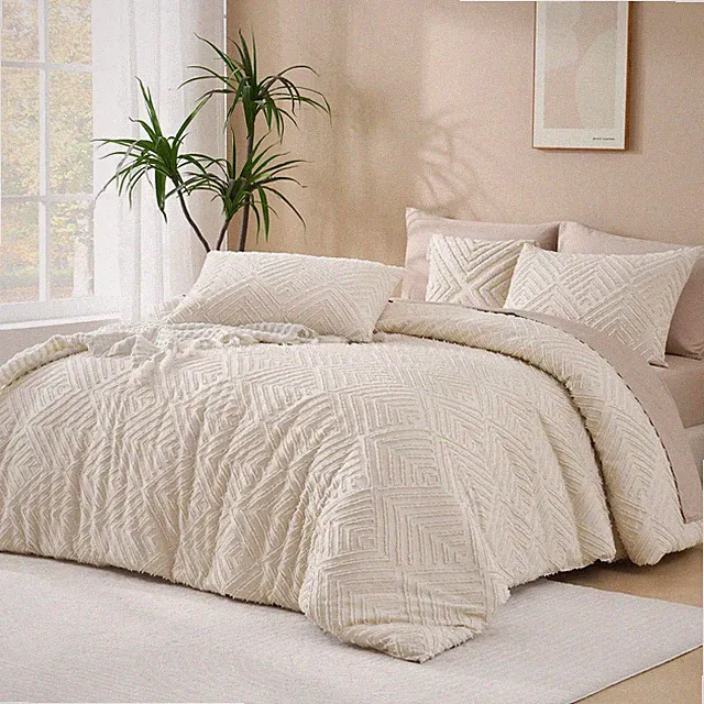 Andency Beige Boho Full Size Comforter Set, 3 Pcs Chevron Tufted Farmhouse