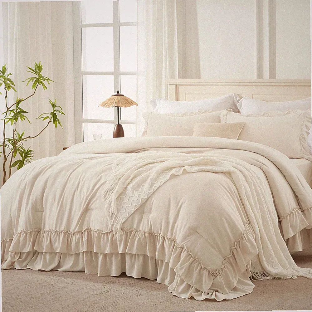 Andency Beige Full Size Comforter Set, 3 Pieces Farmhouse Shabby Chic Ruffle...