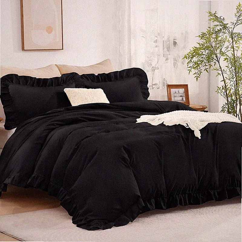 Andency Black Duvet Cover Queen Size 3 Pieces Ruffle Duvet Cover Set Soft