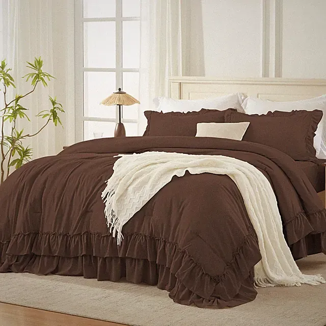 Andency Brown Queen Comforter Set 90x90Inch, 3 Pieces Lightweight Fluffy Ruff...