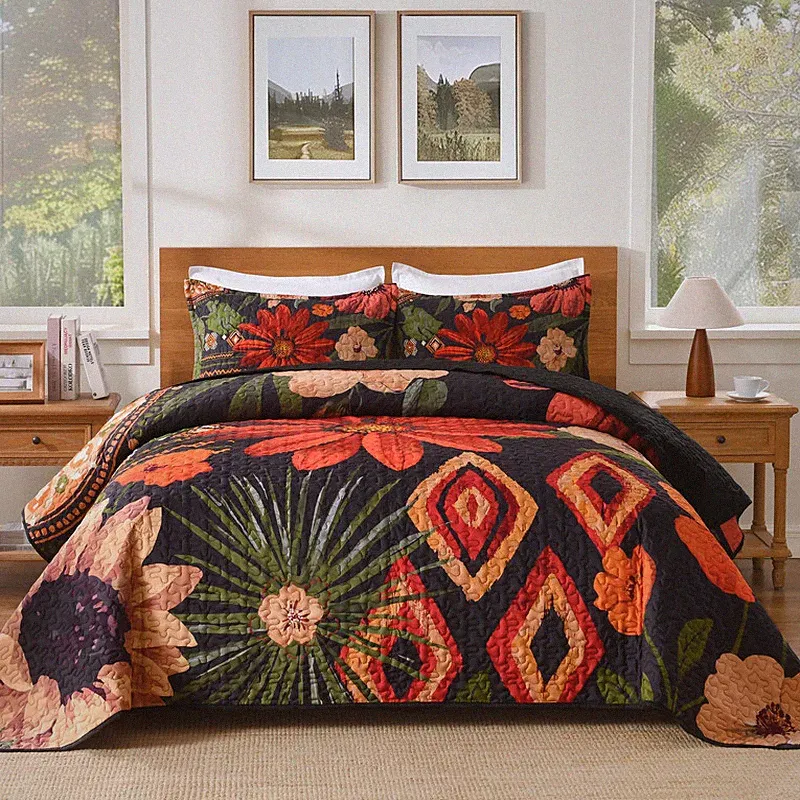 Andency Floral Boho Quilt Super King Plus Size Bedding Set Black 3 Pieces