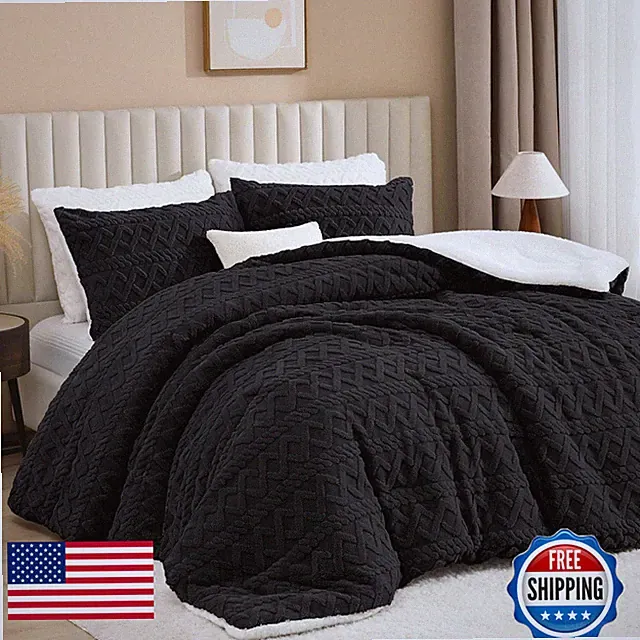 Andency Fluffy Comforter Set Queen Size Black Sherpa Fleece Super Soft Warm