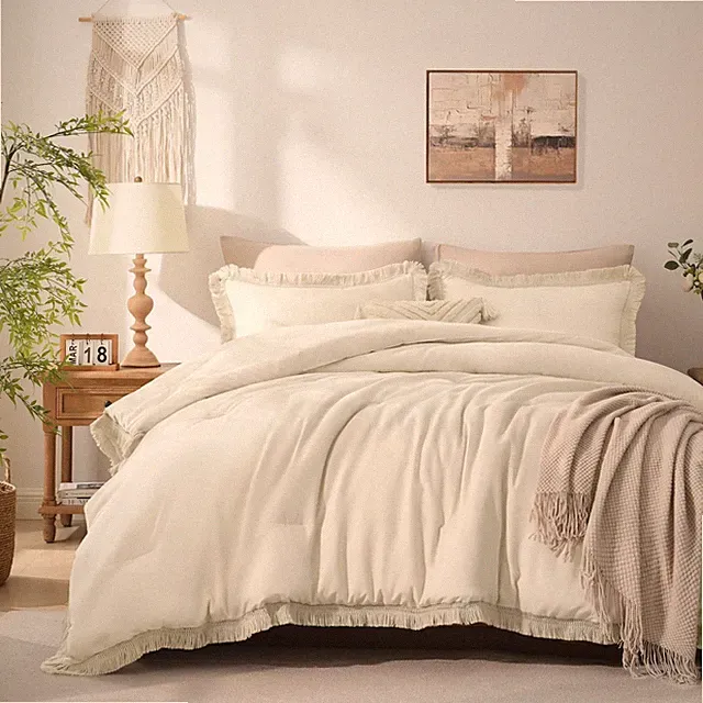 Andency King Size Comforter Set Beige, 3 Pieces Boho Lightweight Tassel Fluff...