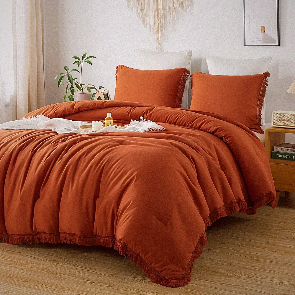 Andency King Size Comforter Set Burnt Orange, 3 Pieces Boho Terracotta Soft L...
