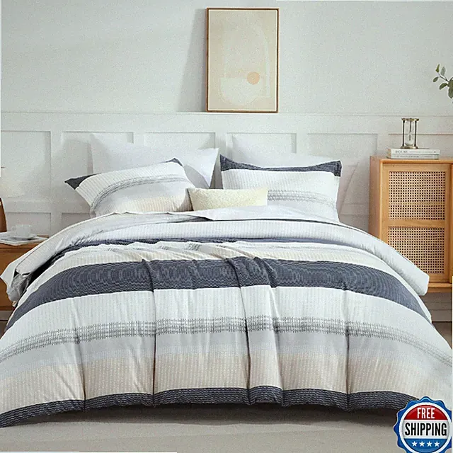 Andency King Size Comforter Set Yellow Blue - 7 Pieces Blue Striped Lightweight