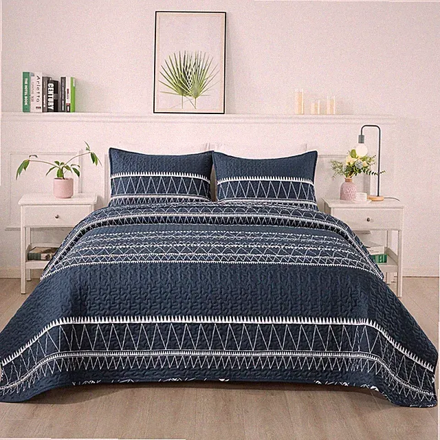 Andency Navy Blue Quilt Set King (106x96 Inch), 3 Pieces(1 Striped Triangle P...