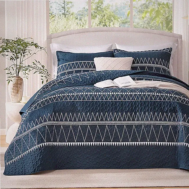 Andency Navy Blue Quilt Set King (106x96 Inch), 3 Pieces(1 Striped Triangle Prin