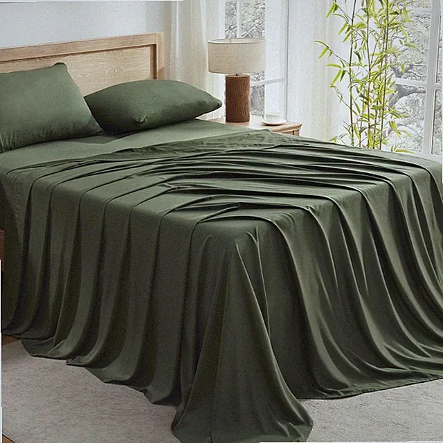 Andency Olive Green Full Size Bamboo Sheets - Silky Soft, Cooling, Deep Pocket
