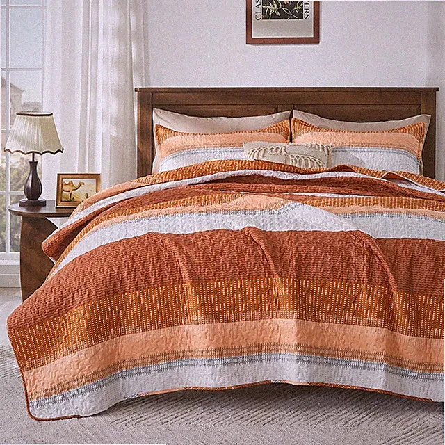 Andency Orange Quilt King(106x96Inch), 3 Pieces (1 Striped Quilt and 2