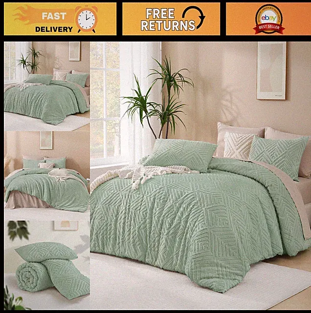 Andency Oversized King Sage Green Boho Tufted Comforter Set 3 Piece