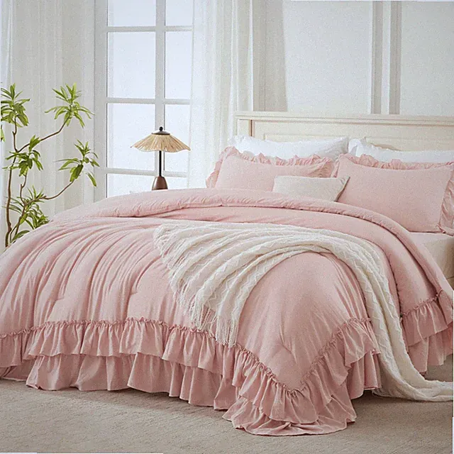 Andency Oversized Queen Ruffle Comforter Set, Queen(98"x98"), Blush