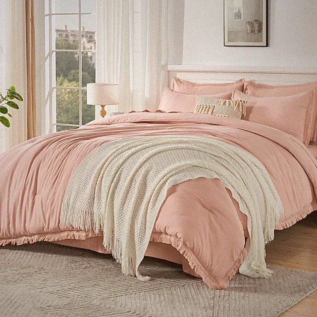 Andency Pink Full Size Comforter Set with Sheets - 7 Pieces Boho Tassel Bed i...