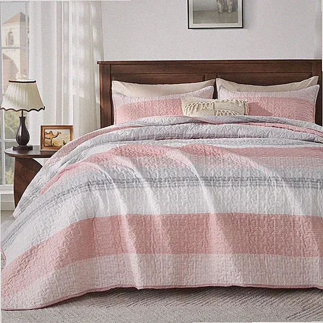 Andency Pink Quilt Cal King(104x112Inch), 3 Pieces (1 Striped Quilt and 2 Pil...