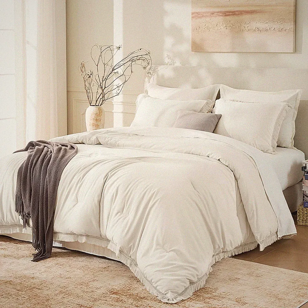 Andency Queen Comforter Set Beige, 3 Pieces Boho Lightweight Fluffy Bedding C...