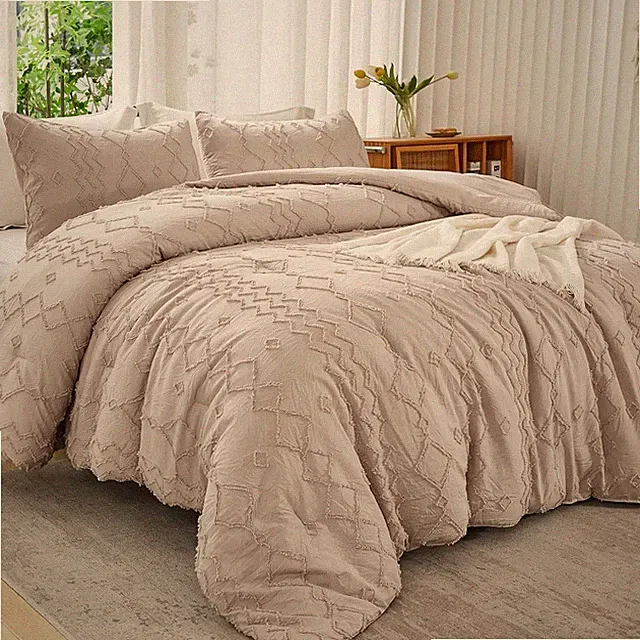 Andency Queen Comforter Set Khaki, 3 Pieces Boho Tufted Lightweight Fall Bedd