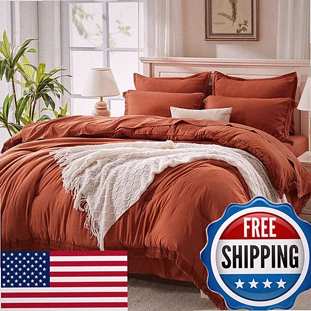 Andency Queen Comforter Set Sheets Burnt Orange - 7 Pieces Boho Tassel Bed In A