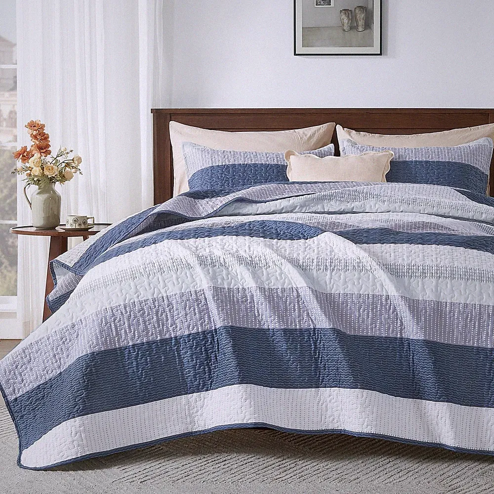 Andency Queen Quilt Bedding Set Mineral Blue, 3 Pieces Patchwork Summer Strip...