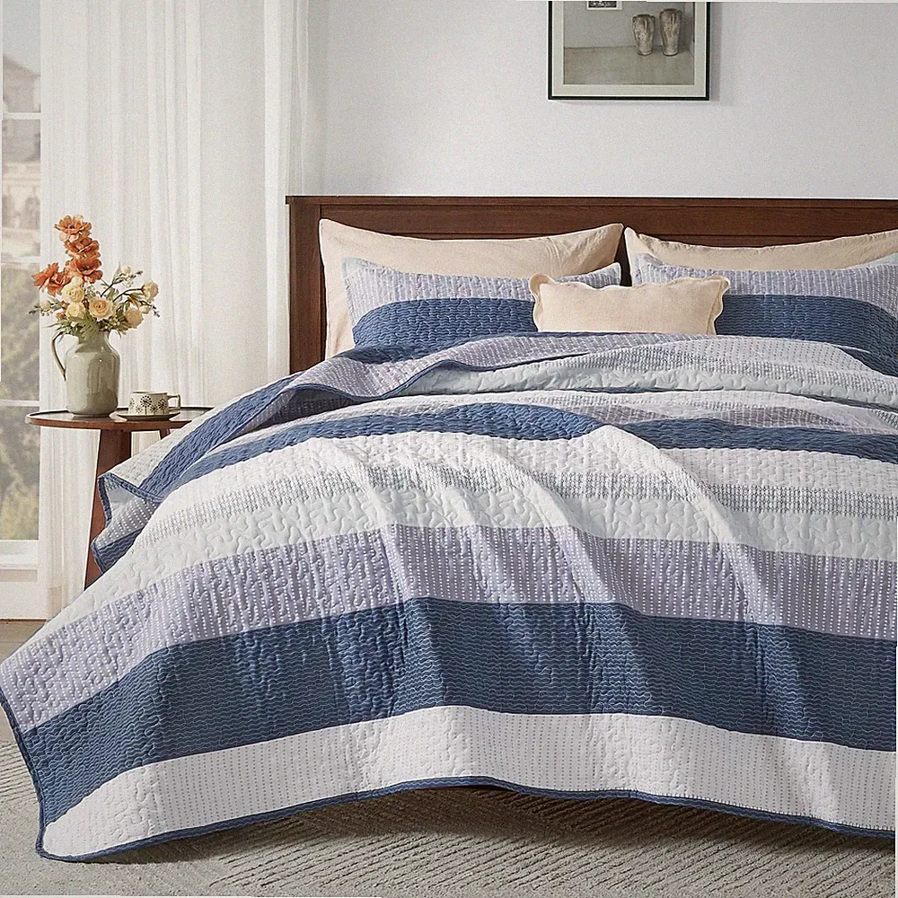 Andency Queen Quilt Bedding Set Mineral Blue, 3 Pieces Patchwork Summer Striped
