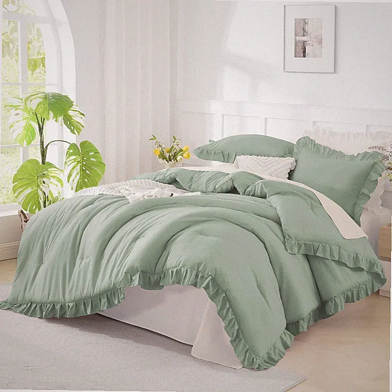 Andency Sage Green Comforter Set Full 3 Pieces Lightweight Soft Ruffle Bed