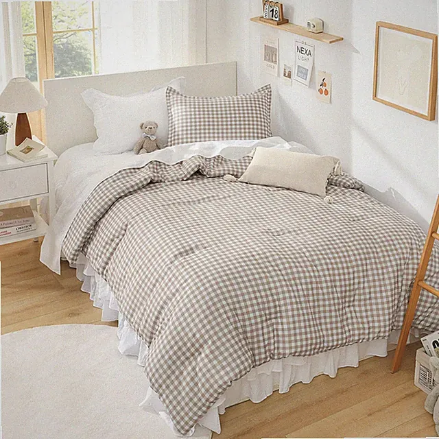 Andency Tan Gingham Comforter Set Full79x90Inch, Brown Checkered Grid Plaid B...