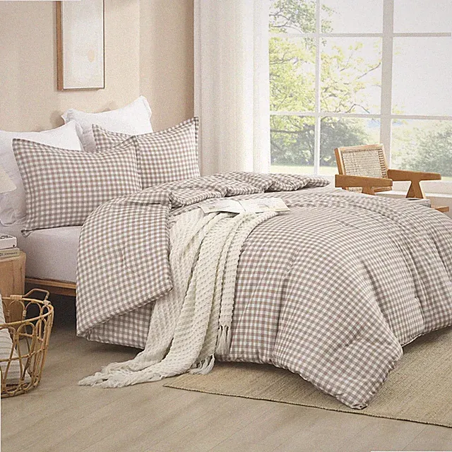 Andency Tan Gingham Comforter Set Queen90x90Inch, Brown Checkered Grid Plaid