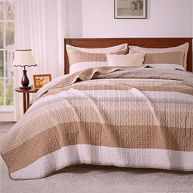 Andency Taupe Striped Quilt King 106x96Inch, 3 Pieces -1 Quilt and 2 Pillowcase