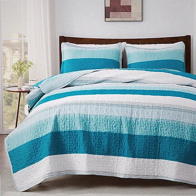 Andency Teal and White Striped Quilt King(106x96Inch), 3 Pieces (1 Quilt and...