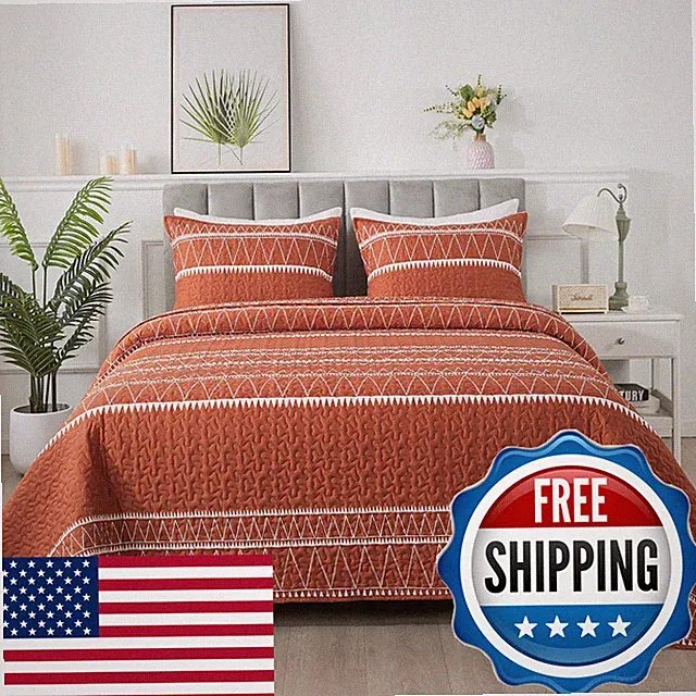 Andency Terracotta King Size Quilt Set 3 Pieces Boho Lightweight Soft Striped