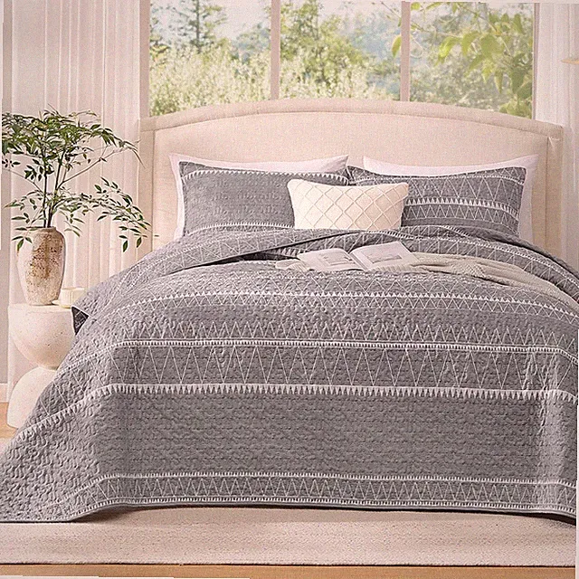 Andency Twin Quilt Set Grey 2 Pieces Boho Lightweight Soft Striped Bedspread