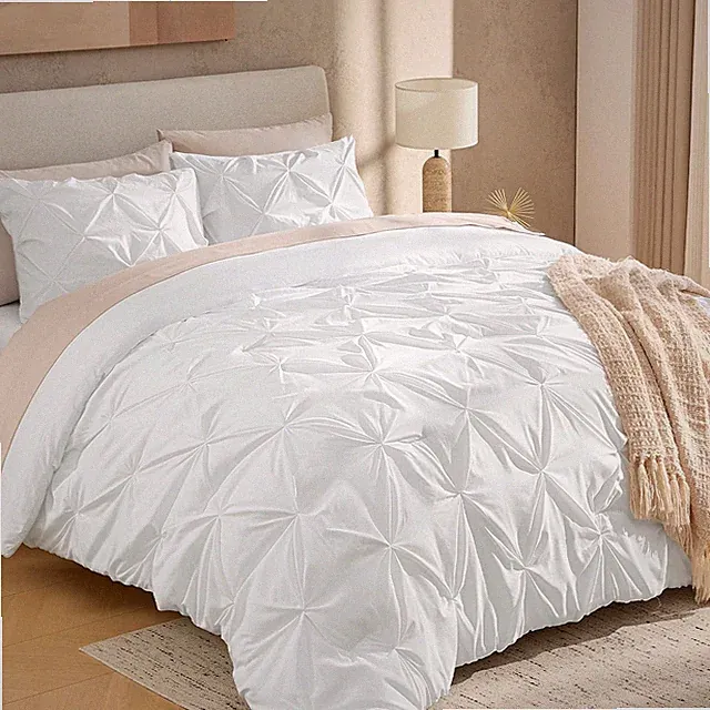 Andency White Queen Comforter Set(90x90Inch), 3 Pieces Cute Pinch Pleat Bedding