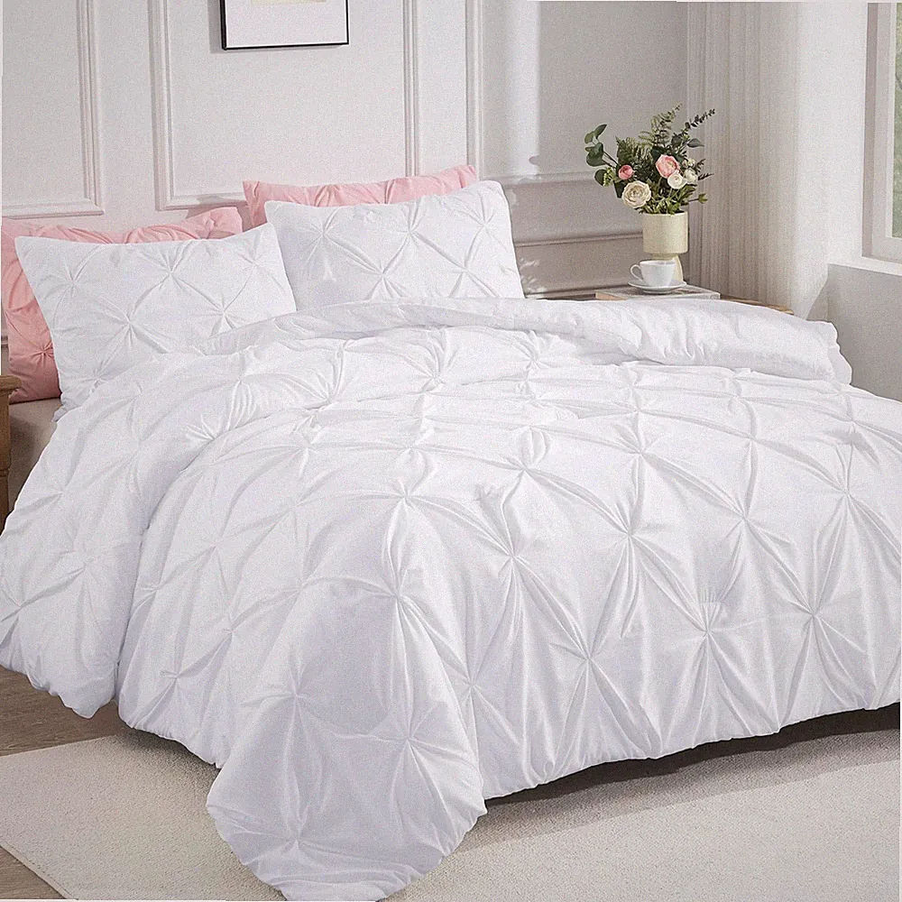 Andency White Queen Comforter Set90x90Inch, 3 Pieces Cute Pinch Pleat Bedding...