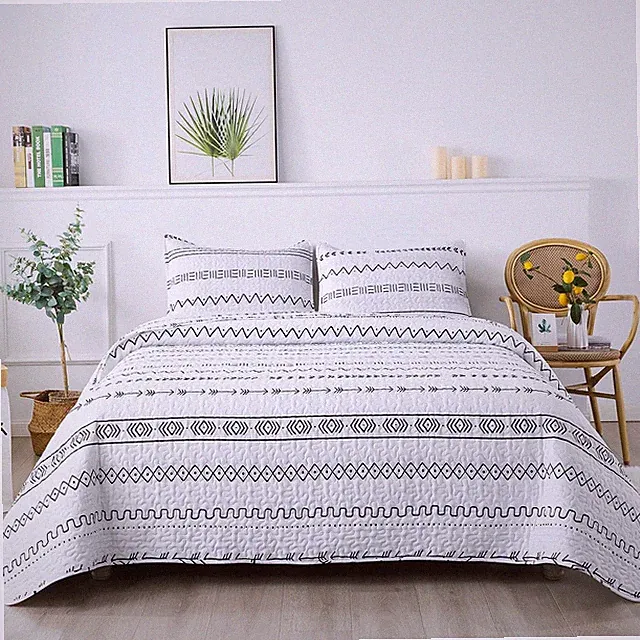 Andency White Quilt Set Oversized King (118x120 Inch), 3 Pieces(1 Striped Tri...