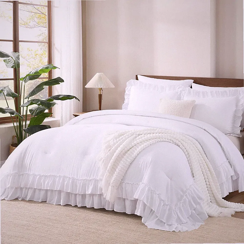 Andency White Ruffle Comforter Set King, Shabby Chic Farmhouse Bedding Comfor...
