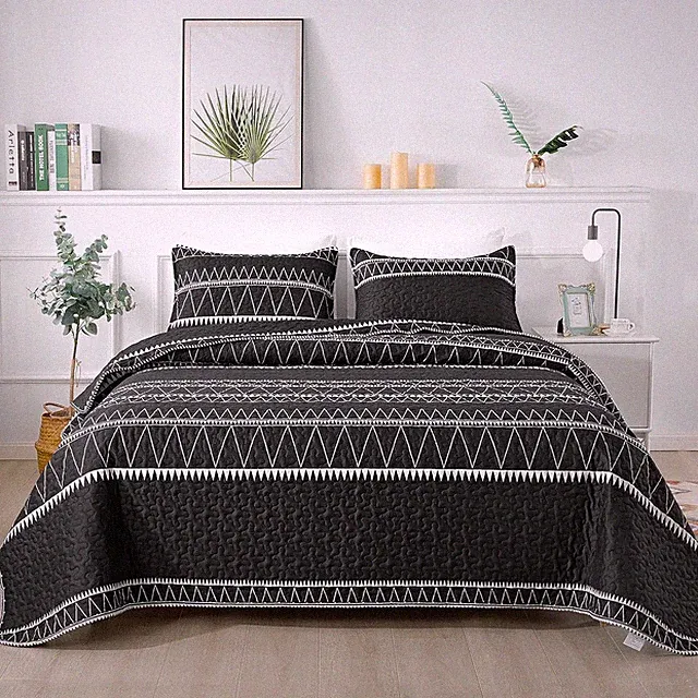 Black King Size Quilt Set, 3 Pieces Boho Lightweight Soft Striped Bedspread for