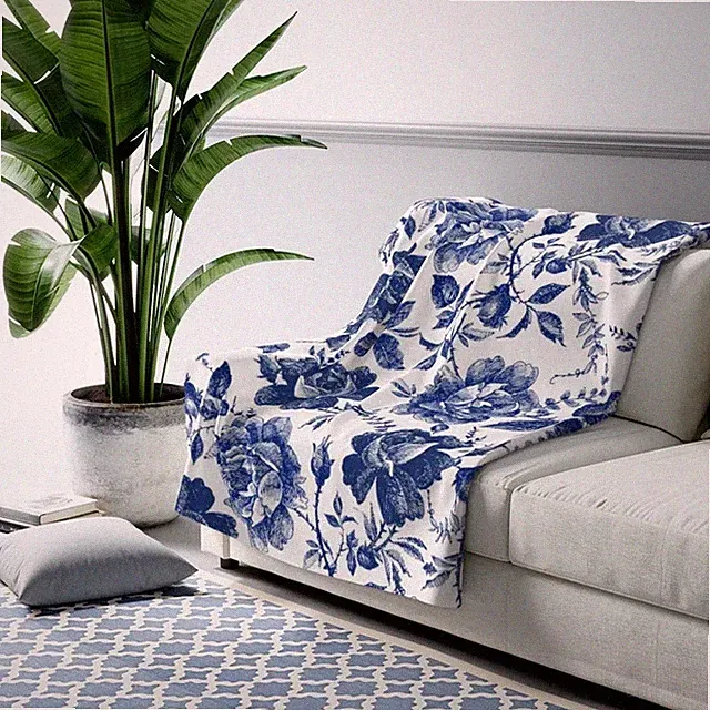 Blue Floral Sherpa Throw Blanket Cozy Traditional Style