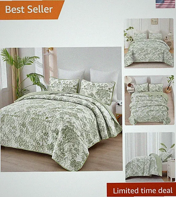 Botanical Quilt Set Queen Size Sage Green Floral Microfiber Bedding 3 Pieces