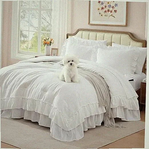Comforter Set Ruffle Shabby Chic Bedding Set Farmhouse 7 Pieces, Queen White