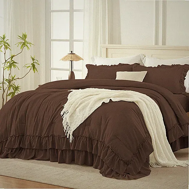 Farmhouse Bedroom Queen Comforter Set - Brown Ruffle Bedding 90x90 3pc