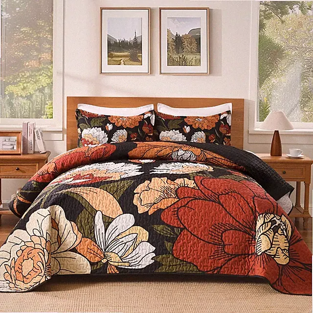 Floral Boho Quilt King Size Bedding Set Black, 3 Pieces Farmhouse Flower Botanic