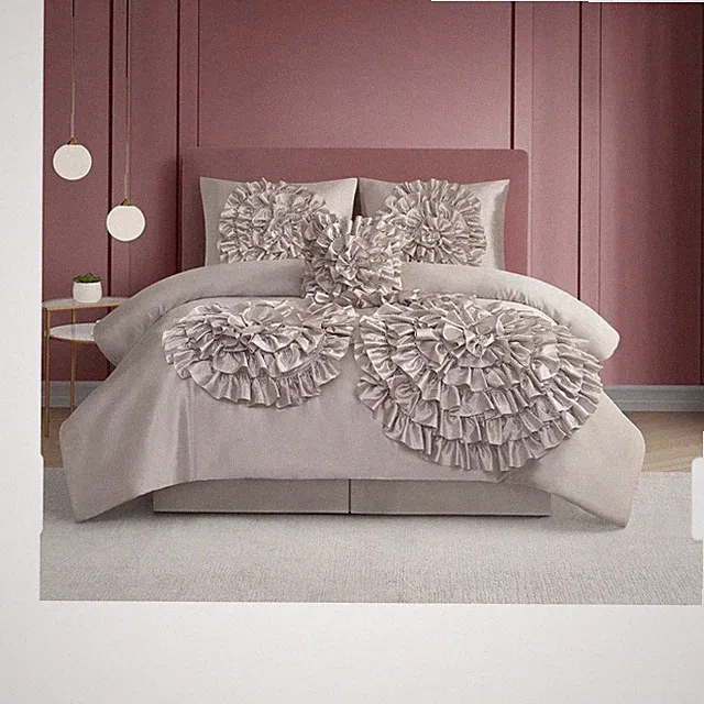 King Gray Ruffled Rosette Floral Microfiber 5 Piece Set
