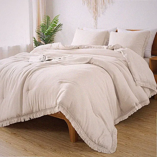 King Size Comforter Set Beige, 3 Pieces Boho Lightweight Tassel Fluffy Bedding C
