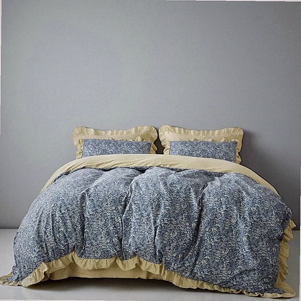NEW Anthro Blue Yellow Floral Boho Ruffle Queen King Size Bedding Duvet Sham Set