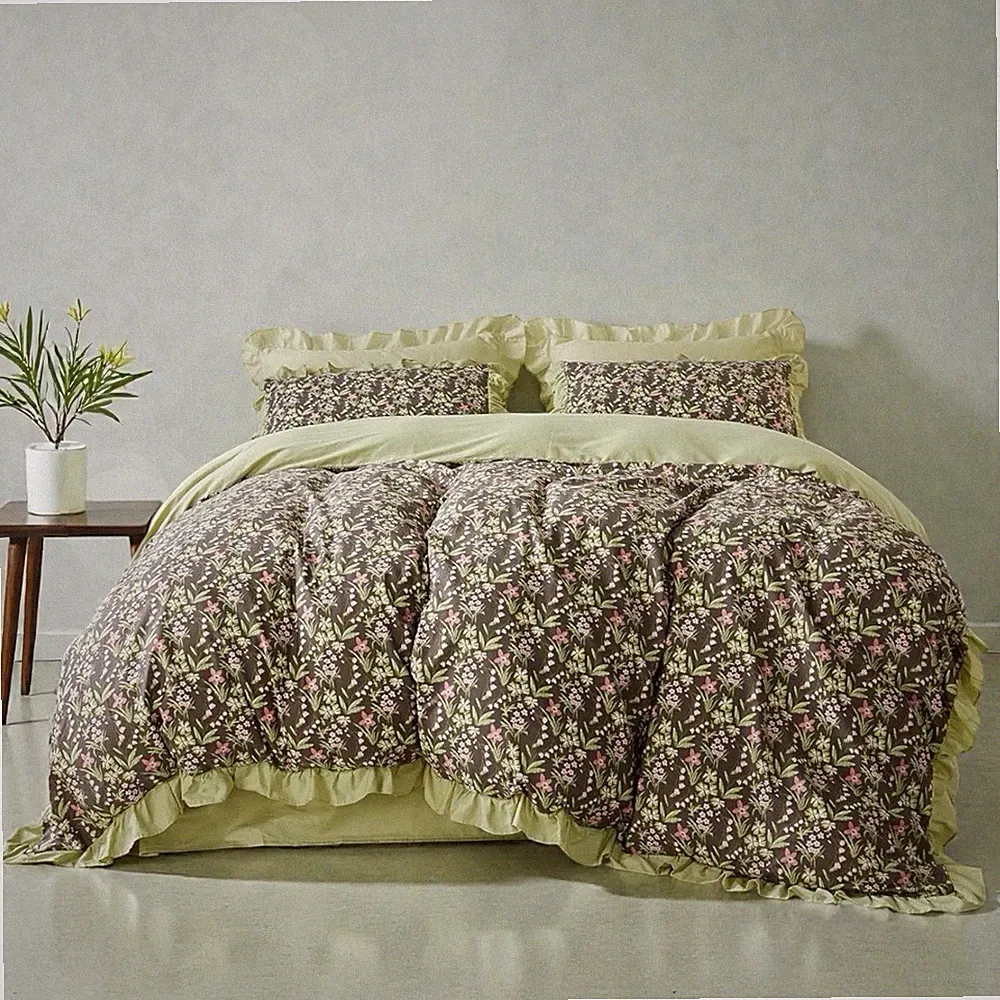 NEW Anthro Green Ruffle Floral Cotton Boho Queen / King Bedding Duvet & Sham Set