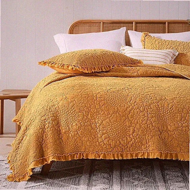 NEW Anthro Orange Yellow Ruffle Crinkled Queen / King Bedding Quilt & Sham Case