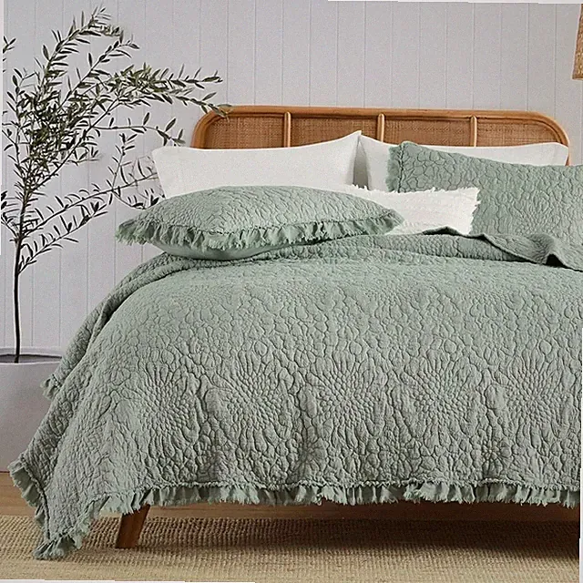 NEW Anthro Sage Green Boho Ruffle Crinkle Queen / King Bedding Quilt & Sham Set