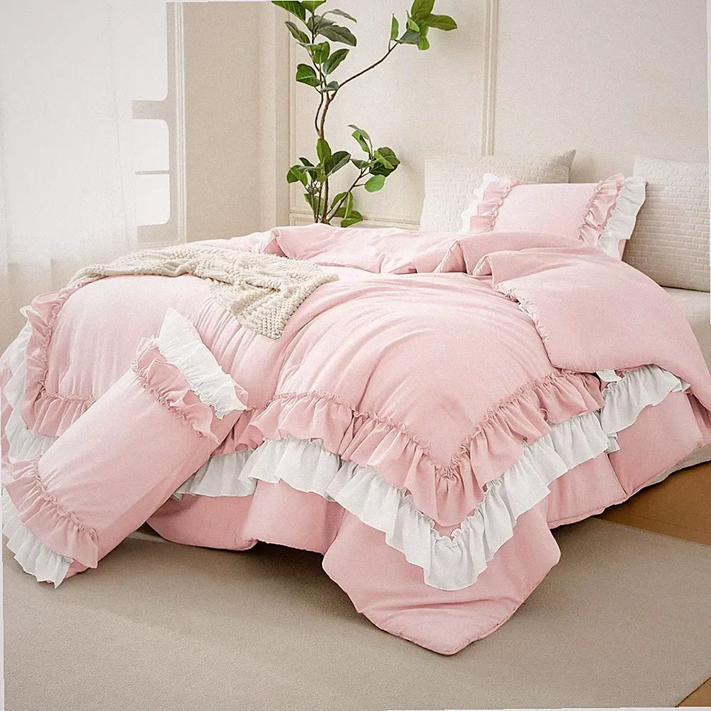 Pink Comforter Set Queen,Farmhouse Shabby Boho Chic Bedding White Ruffle Comfort