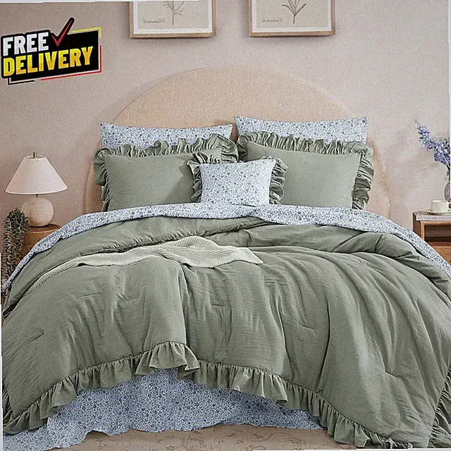 Queen Comforter Set 7-Piece Ruffle Sage Green Shabby Chic Farmhouse Bedding