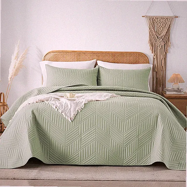 Queen Quilt Bedding Set,Sage Green Ultrasonic Full/Queen Quilt Set Reversible Mi