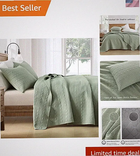 Queen Quilt Set Sage Green Microfiber Geometric Spots 3 Pieces