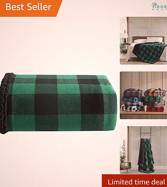 Reversible Sherpa & Cotton Throw Blanket 50x60 Cozy Lounge Couch Bedding